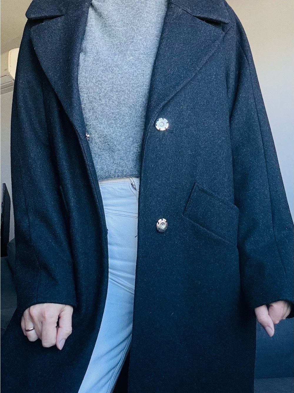 Womens Black Pea Coat with Classic Button Front